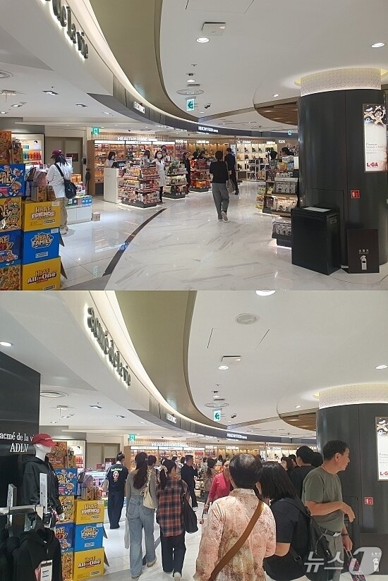 본문 이미지 - 중국인 단체 관광객이 도착하기 전인 29일 오후 2시에 촬영한 롯데면세점 명동본점 9층 내부&#40;위&#41;는 한산한 모습이지만, 관광객이 도착한 오후 3시 30분 같은 장소에서 촬영한 사진&#40;아래&#41;에는 매장 내부가 크게 북적이고 있다.