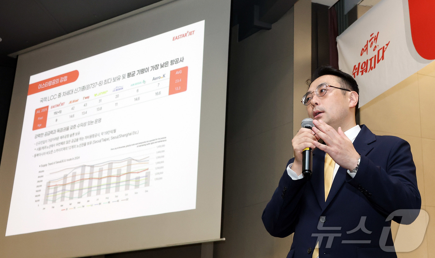 (김해공항=뉴스1) 공항사진기자단 = 이경민 이스타항공 커머셜본부장이 3일 부산 상공회의소에서 '부산에서도 이스타항공!' 노선 설명회를 갖고 있다.이 본부장은 부울경 지역 여행사 …