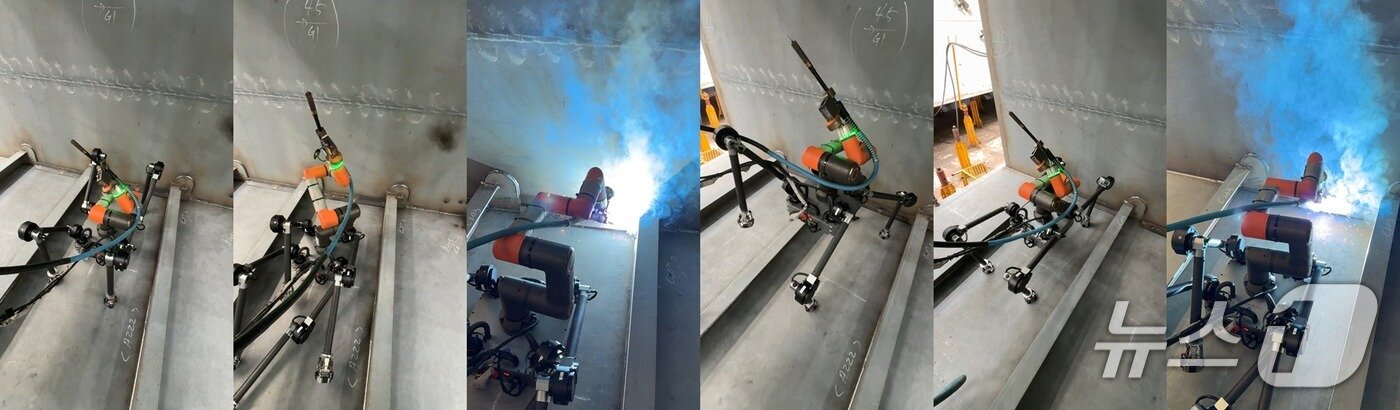 본문 이미지 - 선박 보강재&#40;론지&#41;를 넘으며 용접하는 디든로보틱스 개발 사족보행 로봇 &#39;디든 30&#39;&#40;KAIST 제공&#41; /뉴스1