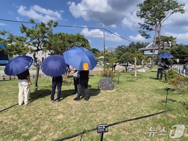 본문 이미지 - 지난 8월 충북 영동군 관계자들이 레인보우 힐링관광지에서 사라진 기증 조경수와 조경석 확인 작업을 하고 있다. /뉴스1 