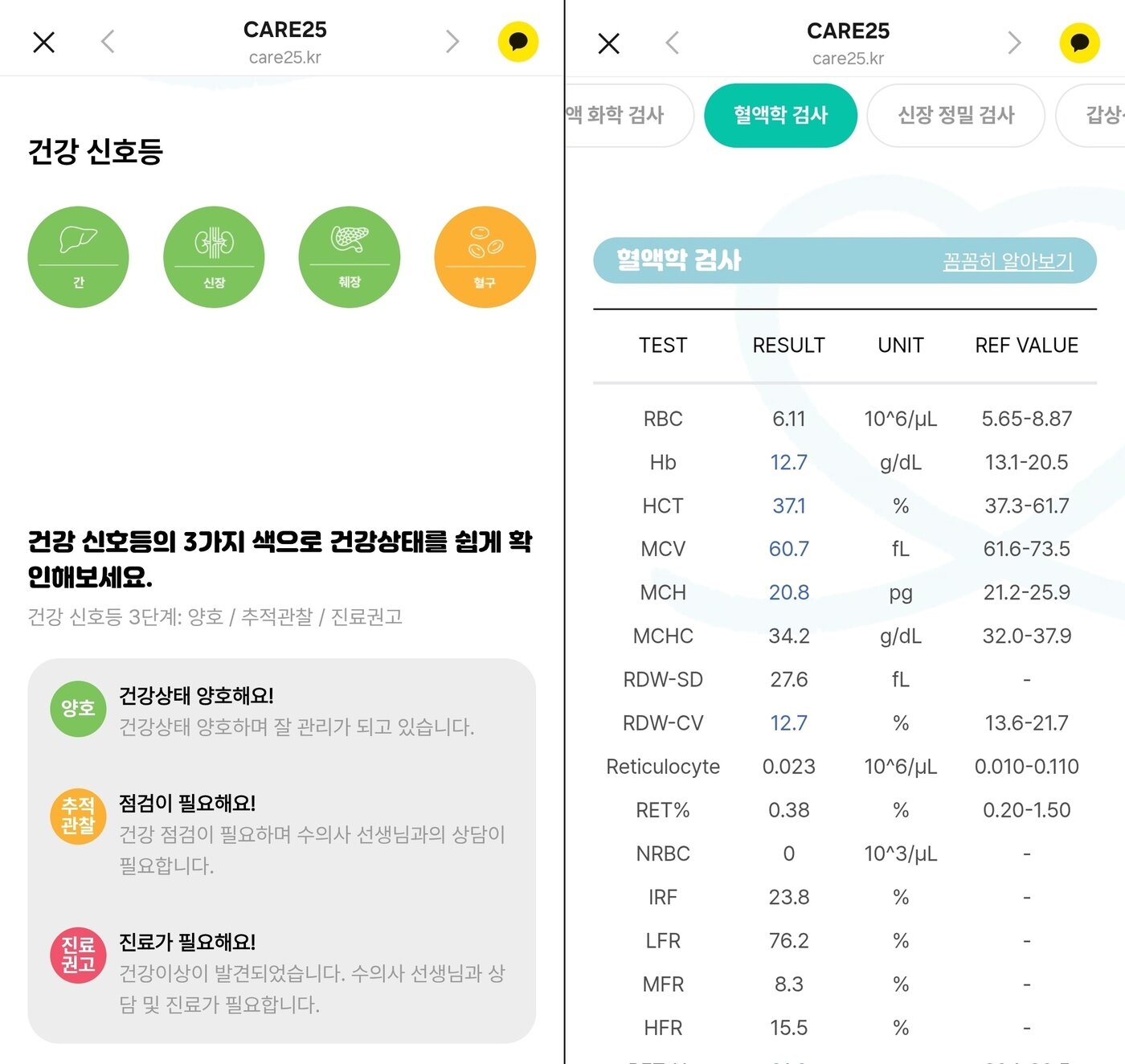 본문 이미지 - 카카오톡으로 받은 유키의 케어25 건강검진 리포트 일부. 종합소견을 &#39;건강신호등&#39;으로 한눈에 알기 쉽게 볼 수 있다&#40;왼쪽&#41;. 혈액학 검사결과 등 각 항목에 대해서도 보호자가 이해하기 쉽게 설명하고 있다. ⓒ 뉴스1