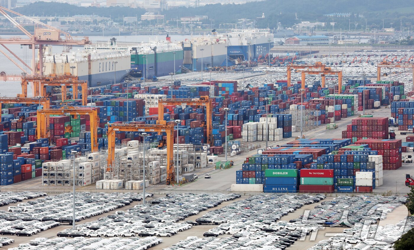 본문 이미지 -  경기 평택시 포승읍 평택항에 수출용 컨테이너들이 쌓여있는 모습. ⓒ News1 김영운 기자