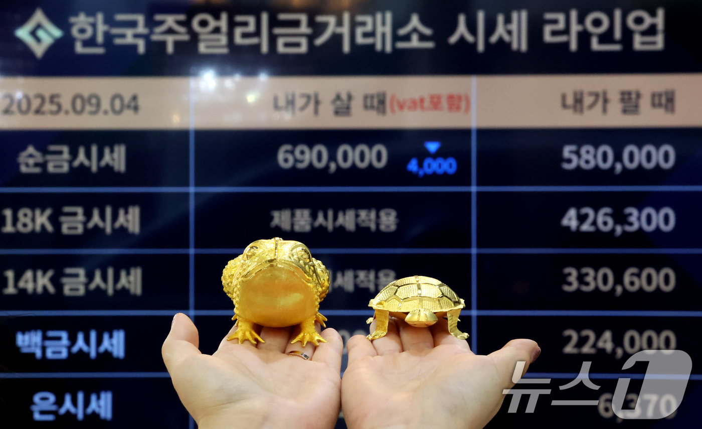 (서울=뉴스1) 장수영 기자 = 국제 금값이 최고치를 경신한 4일 오후 서울 종로구 한국주얼리금거래소에 설치된 모니터로 순금 시세가 표시되고 있다.미국시간 기준 3일 오후 금 선물 …