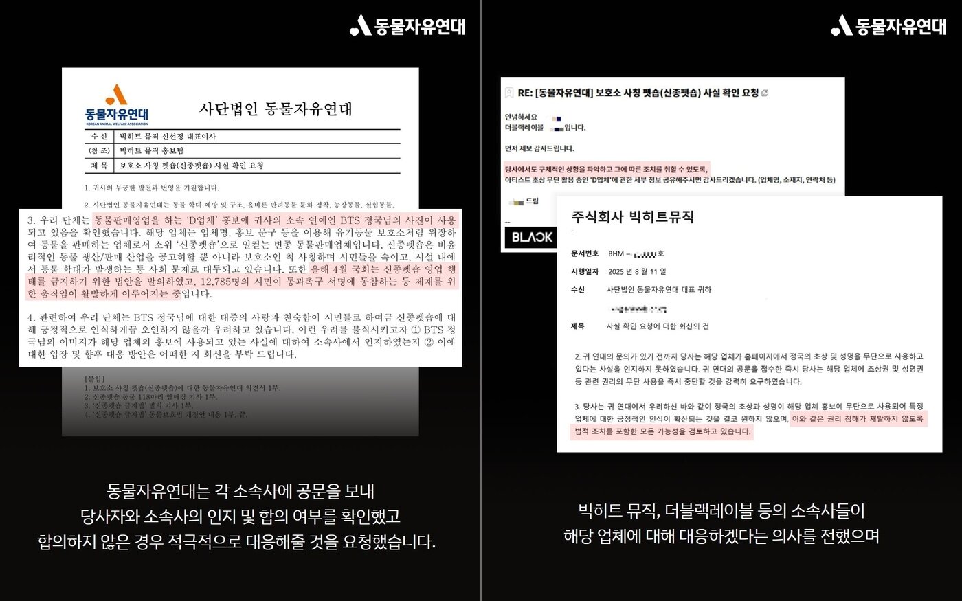 본문 이미지 - 동물자유연대는 각 소속사에 공문을 보내 사진 사용에 동의했는지 여부를 확인했고 합의하지 않은 경우 적극적으로 대응해줄 것을 요청했다(동물자유연대 제공). ⓒ 뉴스1