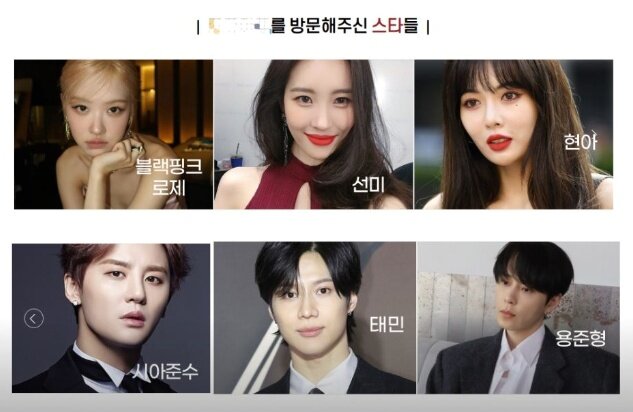 본문 이미지 - 현재 A업체 홈페이지에서 홍보에 사용되고 있는 연예인 사진. 동물자유연대는 사진 사용에 합의하지 않은 타 연예인들도 신종펫숍 홍보 거부 동참을 촉구하고 있다(동물자유연대 제공). ⓒ 뉴스1