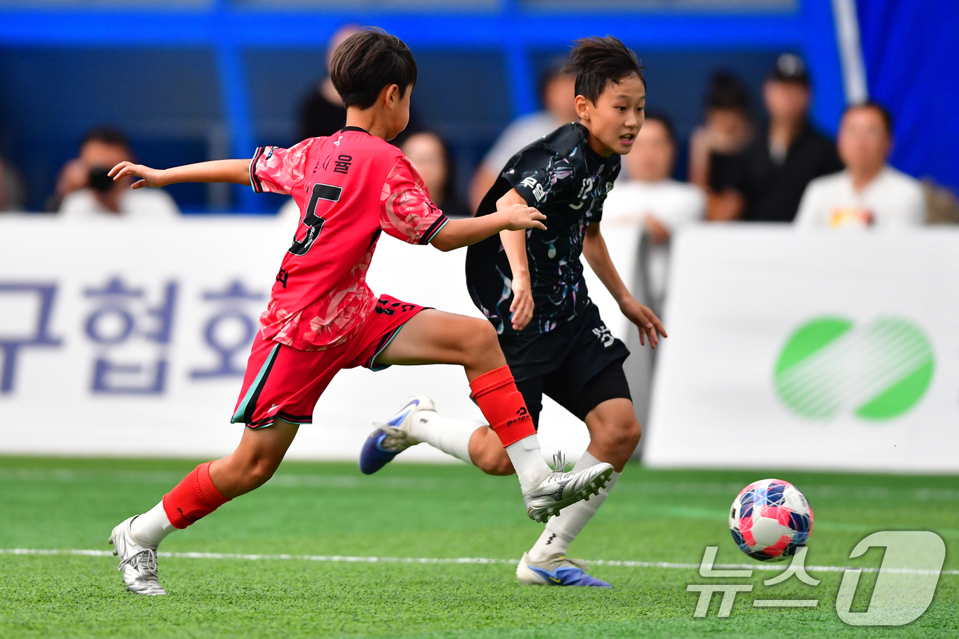 (경주=뉴스1) 최창호 기자 = 4일 오후 경북 경주시 스마트 에어돔에서 열린 'APEC 회원국 초청 2025경주국제유소년(U-12)축구대회' 결승전에서 무열팀(검은색) 선수가 드 …