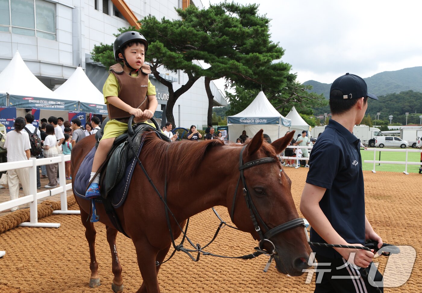 본문 이미지 - 제8회 OBS 코리아컵&코리아스트린트 경주가 열린 9월 7일 경기 과천시 렛츠런파크 서울에서 아이들이 승마체험을 하고 있다. 2025.9.7/뉴스1 ⓒ News1 김영운 기자