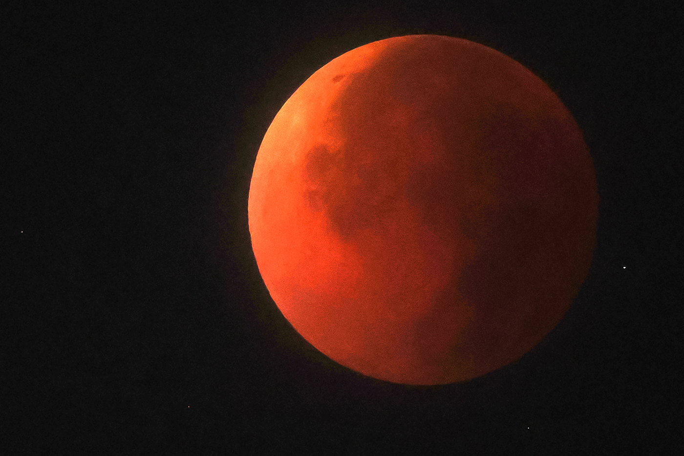 (서울=뉴스1) 민경석 기자 = 달이 지구 그림자에 완전히 가려지는 '개기월식'이 진행된 8일 새벽 서울 밤하늘에 지구 대기를 통과한 태양빛이 반사돼 붉게 빛나는 '레드문'이 관측 …