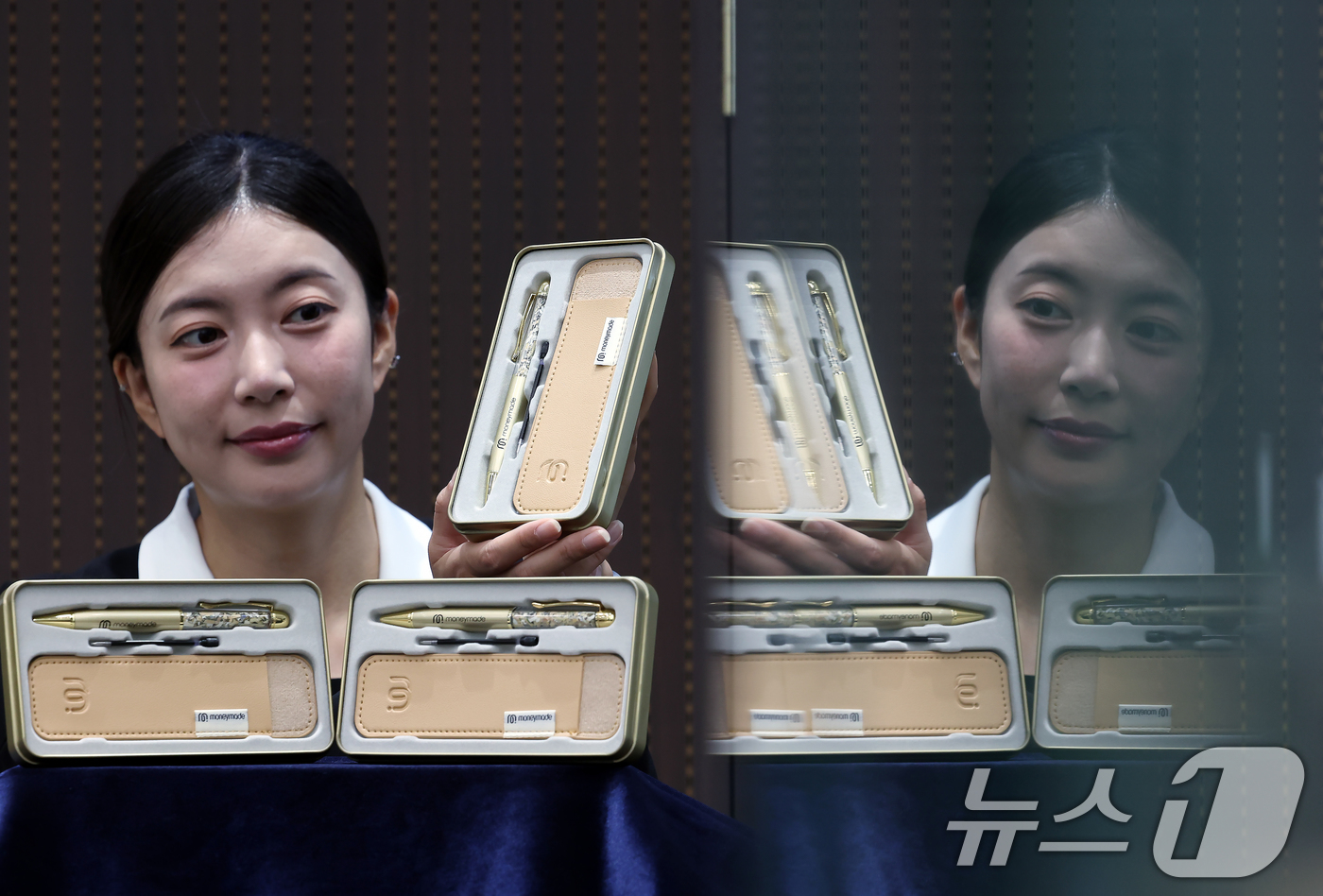 (서울=뉴스1) 박정호 기자 = 8일 오전 서울 마포구 독막로 한국조폐공사 화폐제품판매관에서 모델이 '황금볼펜 에디션'을 소개하고 있다.화폐 제조 과정에서 발생하는 부산물을 재활용 …