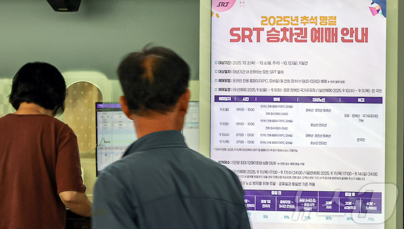 (서울=뉴스1) 김진환 기자 = 수서고속철도(SRT) 운영사 에스알(SR)가 8일부터 나흘간 추석 SRT 승차권 예매를 받는다고 밝혔다.예매 대상은 10월 2일부터 12일까지 운행 …