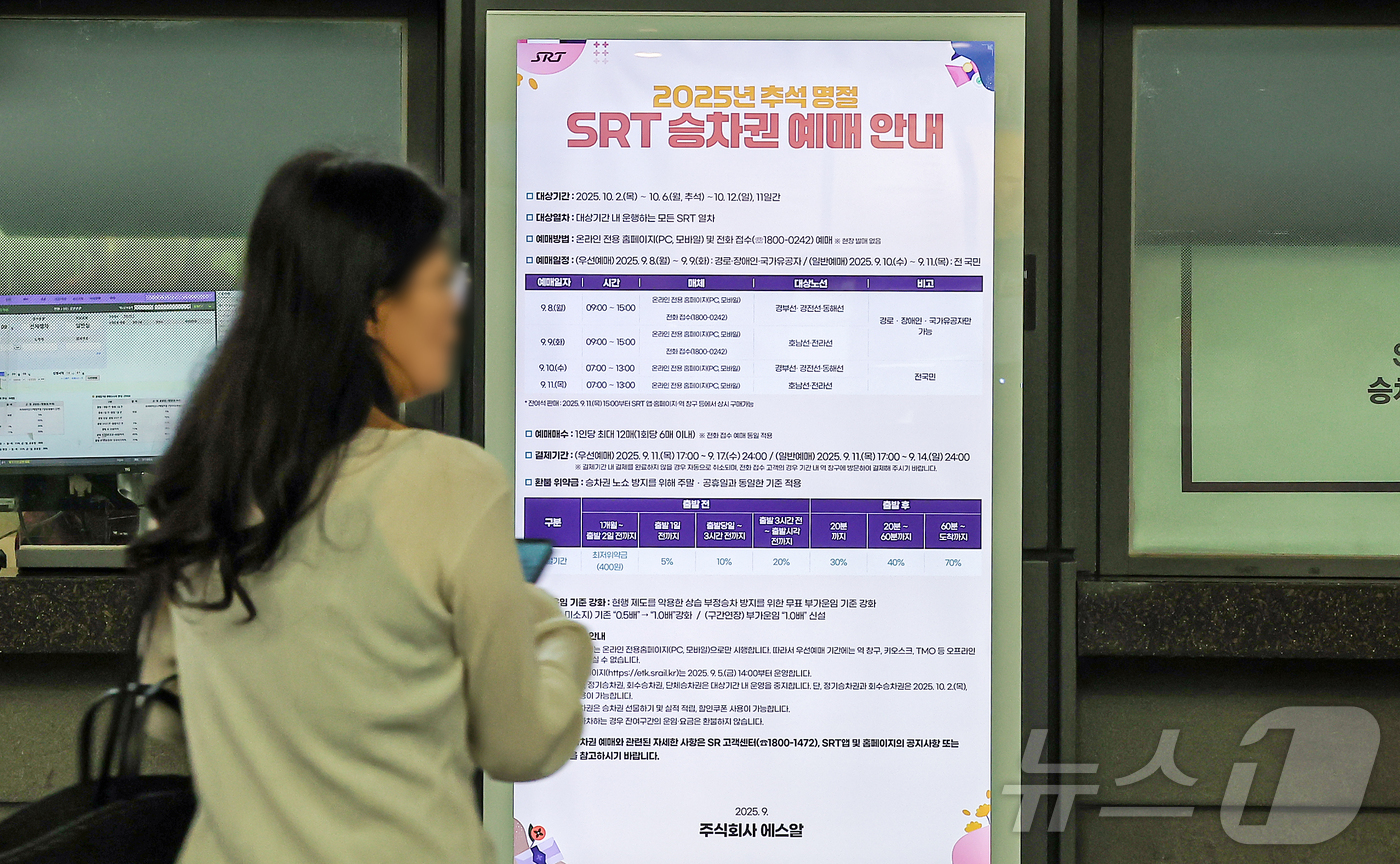 (서울=뉴스1) 김진환 기자 = 수서고속철도(SRT) 운영사 에스알(SR)가 8일부터 나흘간 추석 SRT 승차권 예매를 받는다고 밝혔다.예매 대상은 10월 2일부터 12일까지 운행 …