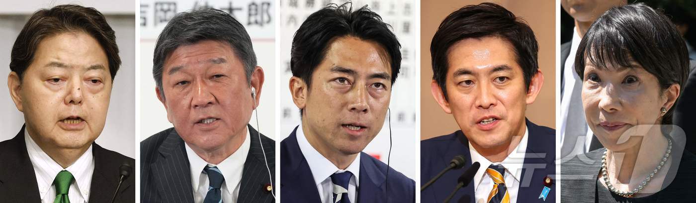 본문 이미지 - 왼쪽부터 하야시 요시마사 일본 관방장관, 모테기 도시미쓰 전 외무상, 고이즈미 신지로 농림수산상, 고바야시 다카유키 전 경제안보담당상, 다카이치 사나에 전 경제안보담당상. 2025.9.8 ⓒ AFP=뉴스1 ⓒ News1 강민경 기자