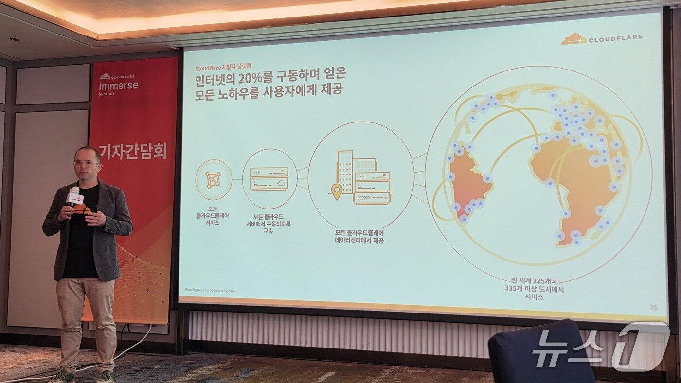 본문 이미지 - 트레이 긴&#40;Trey Guinn&#41; 클라우드 플레어 필드 CTO가 기자간담회에서 발언하고 있다. 2025.9.9 뉴스1 ⓒ News1 김민석 기자