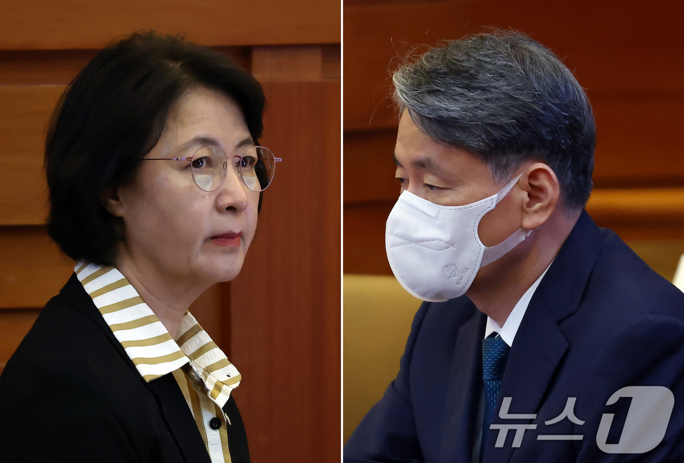 (서울=뉴스1) 박정호 기자 = 추미애 국회 법제사법위원회 위원장(왼쪽 사진)과 조지호 경찰청장이 9일 오후 서울 종로구 재동 헌법재판소 대심판정에서 열린 경찰청장 탄핵심판 1차 …