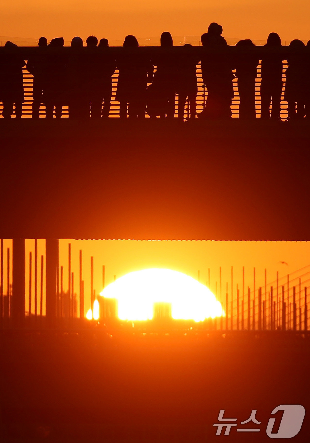 (대구=뉴스1) 공정식 기자 = 1일 오전 대구 동구 금호강 아양기찻길을 찾은 시민들이 2026년 희망찬 새해 첫 일출을 맞이하고 있다. 2026.1.1/뉴스1