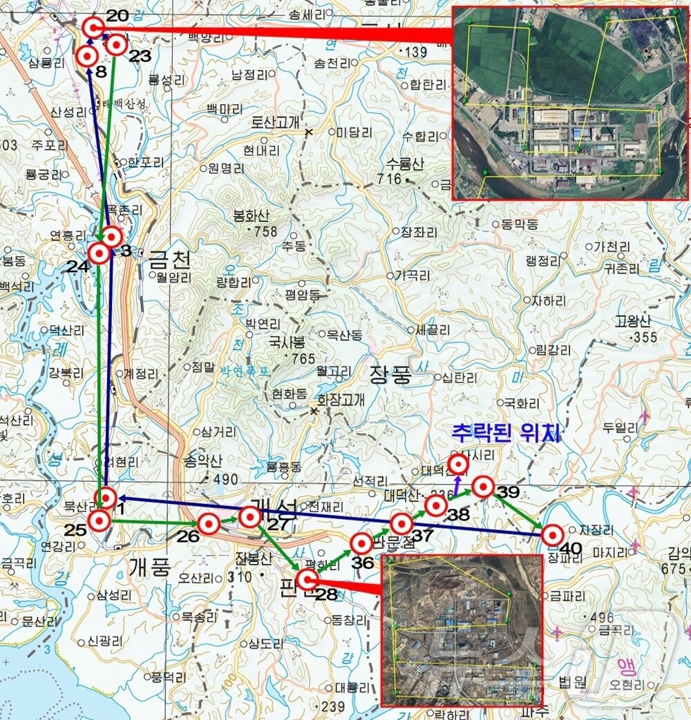 본문 이미지 - (평양 노동신문=뉴스1) = 북한 노동당 기관지 노동신문은 10일 인민군 총참모부 대변인 성명을 게재하며 "지난해 9월 27일 11시 15분경 한국의 경기도 파주시 적성면 일대에서 이륙한 적무인기는 우리측 지역 황해북도 평산군일대 상공에까지 침입하였다가 개성시 상공을 거쳐 귀환하던 중 아군 제２군단 특수군사기술수단의 전자공격에 의하여 14시 25분경 개성시 장풍군 사시리 지역의 논에 추락했다＂고 보도했다.사진은 지난해 9월 추락한 무인기의 비행 경로. [국내에서만 사용가능. 재배포 금지. DB 금지. For Use Only in the Republic of Korea. Redistribution Prohibited] rodongphoto@news1.kr