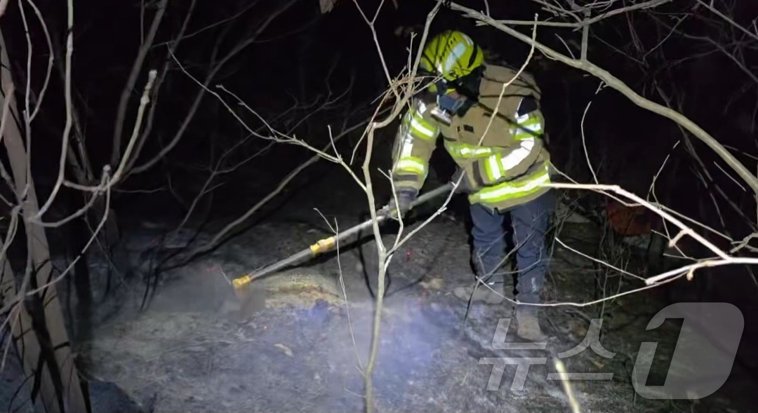 (의성=뉴스1) 이성덕 기자 = 10일 오후 경북 의성군 의성읍 비봉리에서 발생한 산불의 주불이 진화된 가운데, 산림·소방 당국이 잔불 재발을 막기 위해 뒷불감시 작업을 벌이고 있 …