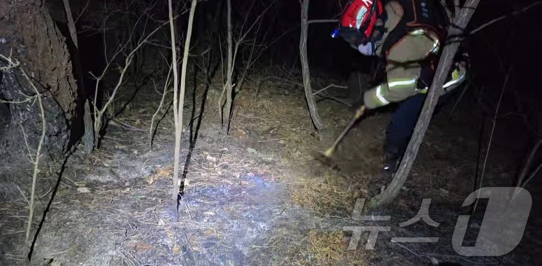 (의성=뉴스1) 이성덕 기자 = 10일 오후 경북 의성군 의성읍 비봉리에서 발생한 산불의 주불이 진화된 가운데, 산림·소방 당국이 잔불 재발을 막기 위해 뒷불감시 작업을 벌이고 있 …