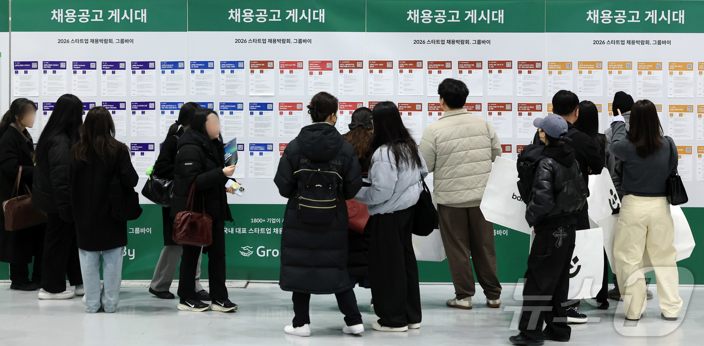 (서울=뉴스1) 이호윤 기자 = 11일 서울 강남구 코엑스에서 열린 ‘2026 스타트업 채용박람회’를 찾은 구직자들이 채용공고 게시대를 살펴보고 있다. 2026.1.11/뉴스1