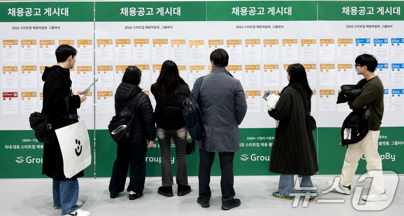 (서울=뉴스1) 이호윤 기자 = 11일 서울 강남구 코엑스에서 열린 ‘2026 스타트업 채용박람회’를 찾은 구직자들이 채용공고 게시대를 살펴보고 있다. 2026.1.11/뉴스1