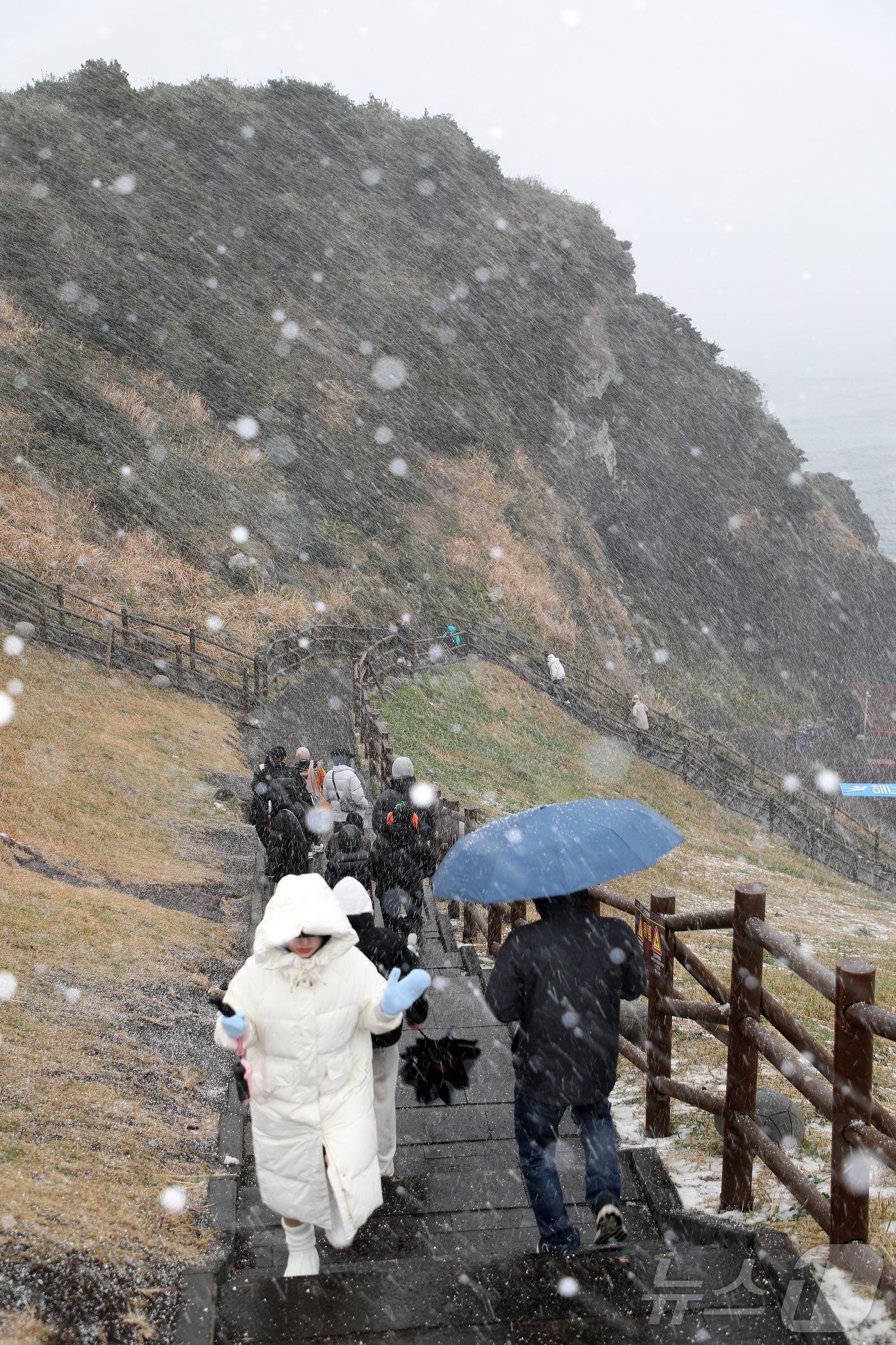 (제주=뉴스1) 오미란 기자 = 제주에 대설·강풍·풍랑특보가 내려진 11일 오후 서귀포시 성산일출봉에 눈보라가 치고 있다. 2026.1.11/뉴스1