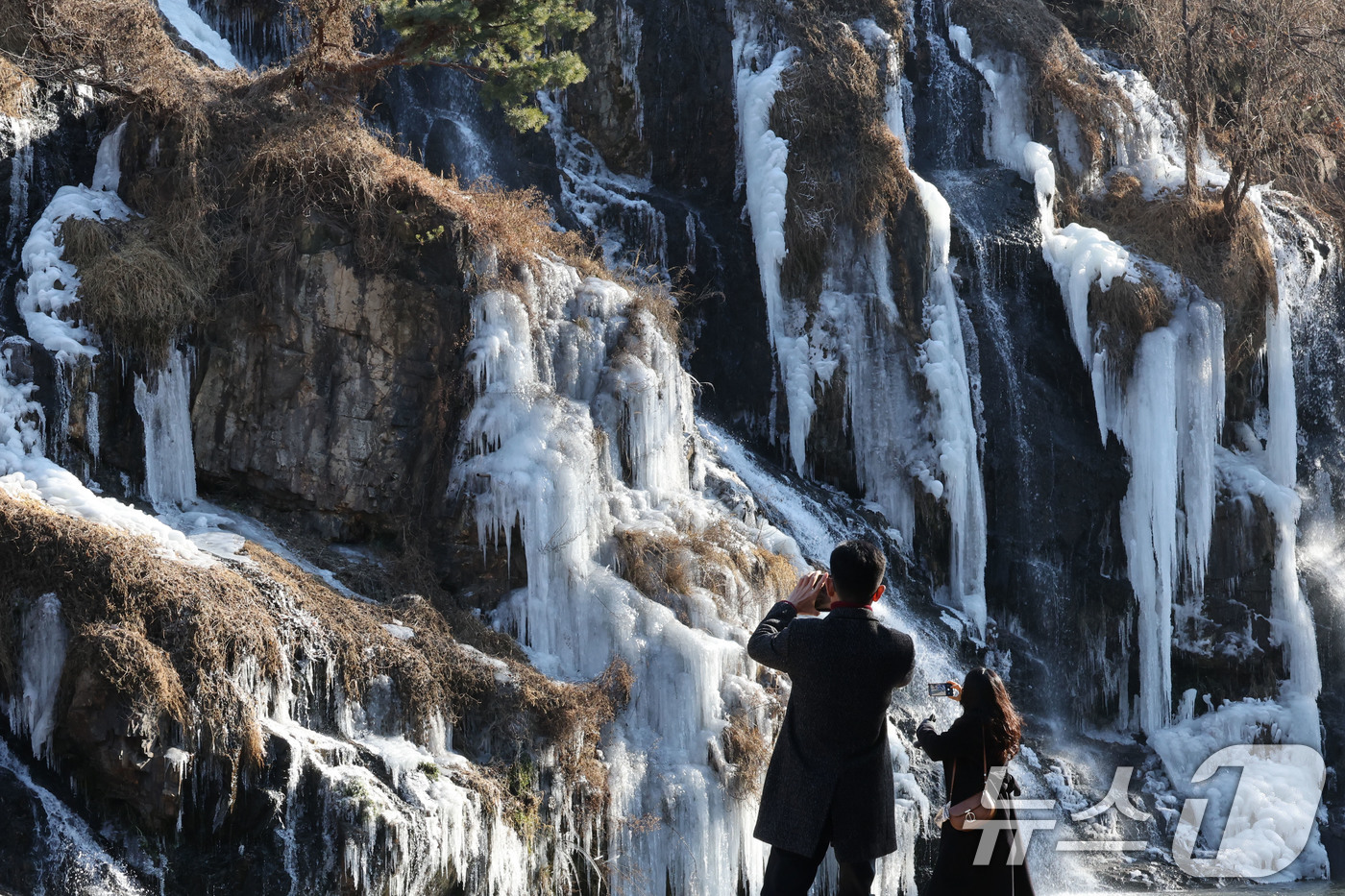 (서울=뉴스1) 이광호 기자 = 전국 곳곳에 한파특보가 발효 중인 11일 오후 서울 서대문구 홍제천 인공폭포가 얼어붙어 있다. 2026.1.11/뉴스1