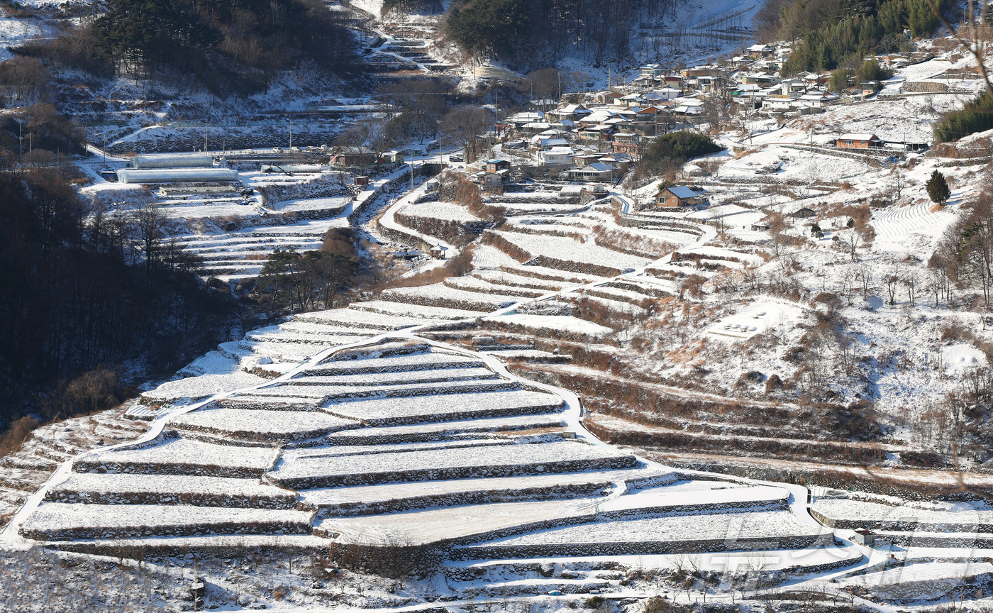 (함양=뉴스1) = 밤새 눈이 내린 11일 지리산 자락인 경남 함양군 마천면 다랑이 논에 하얀 눈이 쌓여 있다. (함양군 제공. 재판매 및 DB 금지) 2026.1.11/뉴스1