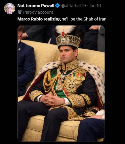 본문 이미지 - 소셜미디어 엑스(X)에 확산된 루비오 밈 중 하나로, 이란 정권 종식 후 왕(샤)에 오를 것이란 풍자다. (소셜미디어 엑스 @alifarhat79)