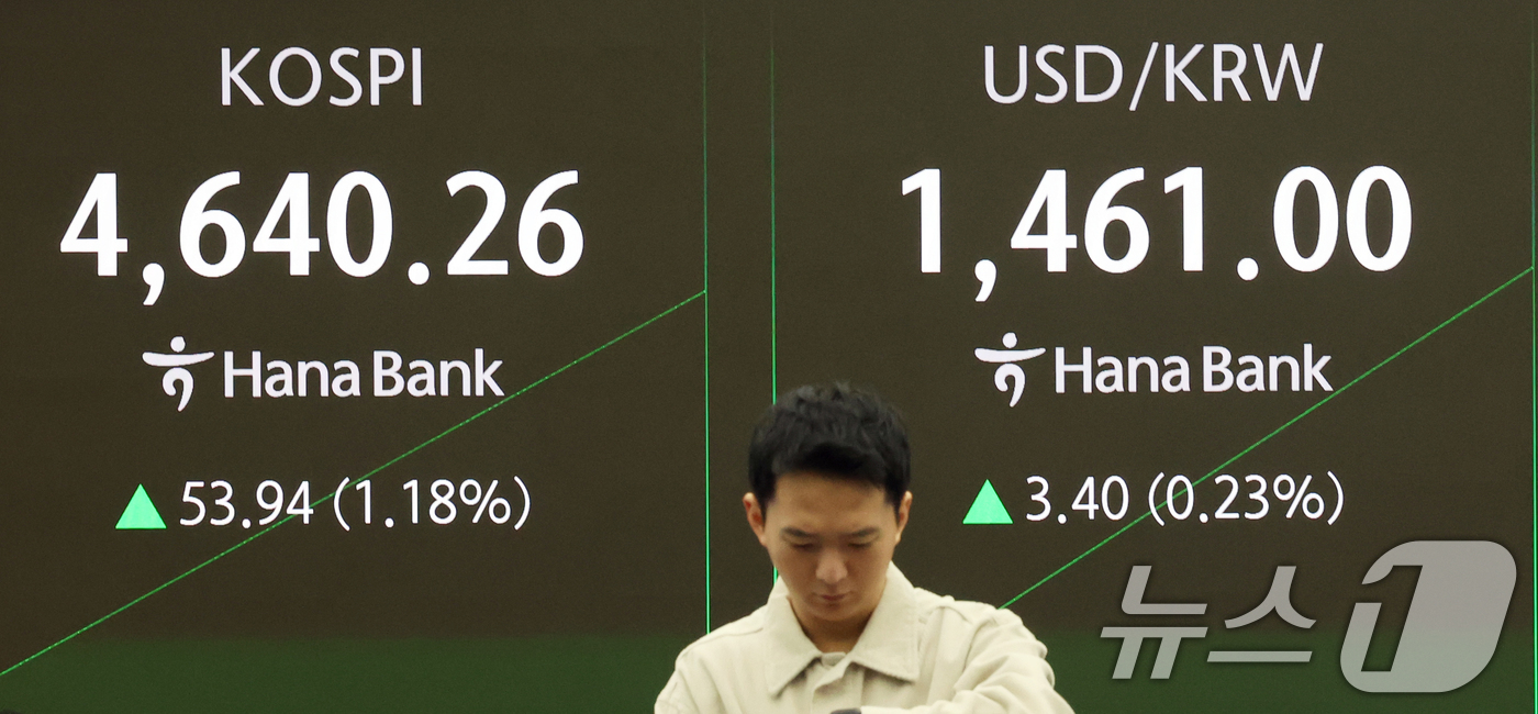 (서울=뉴스1) 황기선 기자 = 12일 오전 서울 중구 하나은행 딜링룸 전광판에 개장 시황이 나오고 있다.이날 코스피 지수는 53.57포인트(1.17%) 오른 4639.89, 코스 …