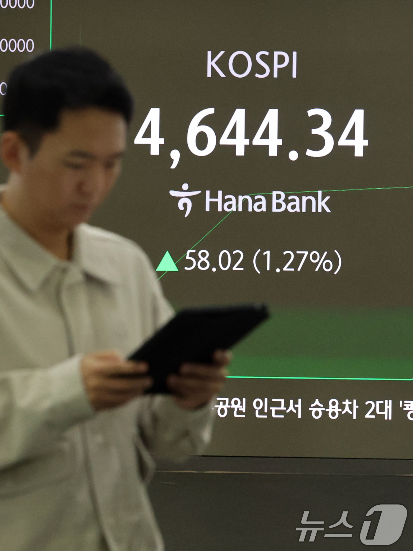 (서울=뉴스1) 황기선 기자 = 12일 오전 서울 중구 하나은행 딜링룸 전광판에 개장 시황이 나오고 있다.이날 코스피 지수는 53.57포인트(1.17%) 오른 4639.89, 코스 …