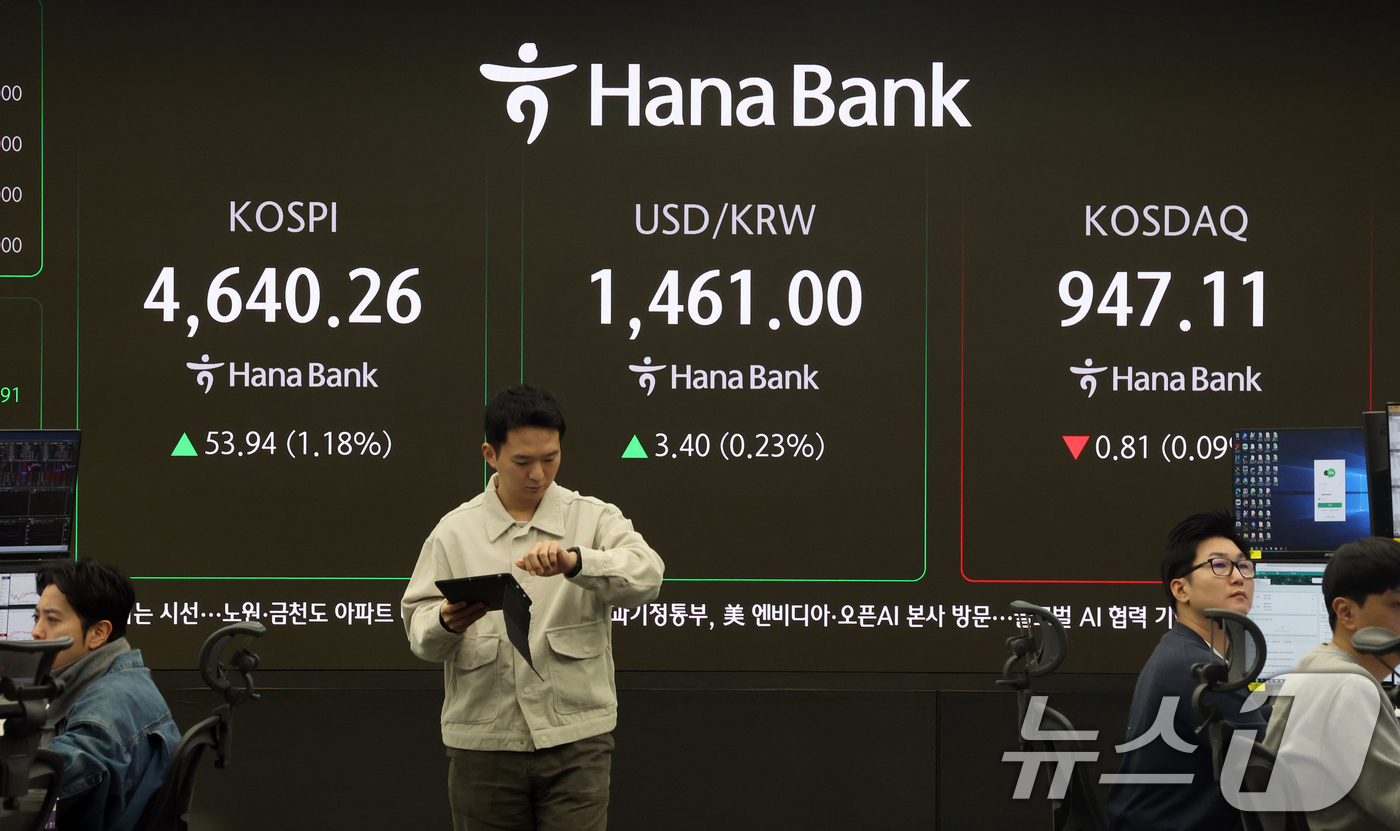 (서울=뉴스1) 황기선 기자 = 12일 오전 서울 중구 하나은행 딜링룸 전광판에 개장 시황이 나오고 있다.이날 코스피 지수는 53.57포인트(1.17%) 오른 4639.89, 코스 …