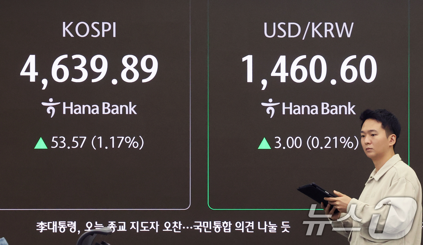 (서울=뉴스1) 황기선 기자 = 12일 오전 서울 중구 하나은행 딜링룸 전광판에 개장 시황이 나오고 있다.이날 코스피 지수는 53.57포인트(1.17%) 오른 4639.89, 코스 …