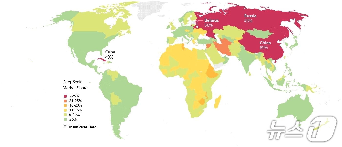본문 이미지 - 2025년 하반기 기준 딥시크(DeepSeek)의 글로벌 시장 점유율 현황 (짙은 붉은색 40% 이상~연한 노란색 10% 미만)(마이크로소프트 제공)