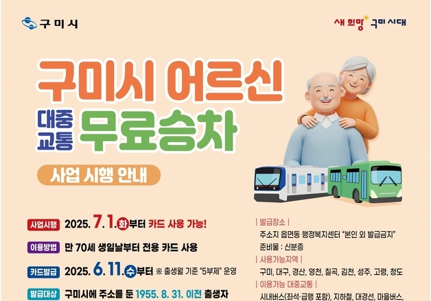 구미시 노인 대중교통 무료 6개월만에 123만6655건 이용