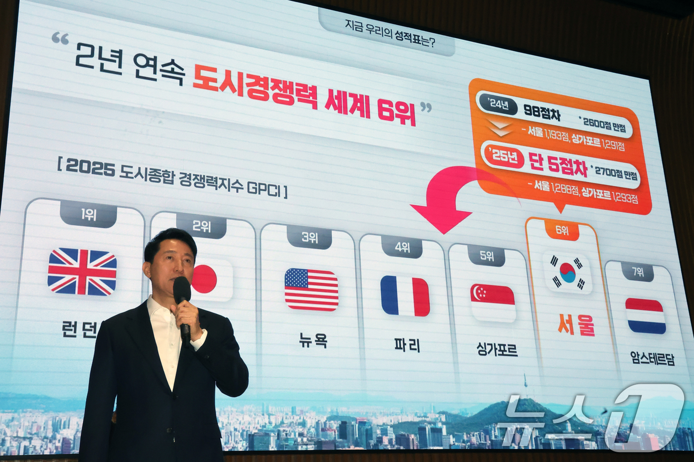 (서울=뉴스1) 황기선 기자 = 오세훈 서울시장이 12일 오전 서울시청 다목적홀에서 열린 '2026년 신년 직원조례'에서 특강을 하고 있다. 2026.1.12/뉴스1