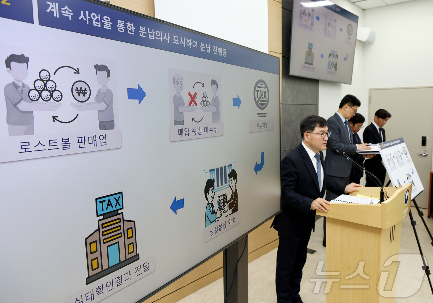 (세종=뉴스1) 김기남 기자 = 박해영 국세청 징세법무국장이 12일 세종시 정부세종청사에서 국세 체납관리단 운영에 따른 기간제 근로자 모집 내용및 운영방안 사례를 소개하고 있다.전 …