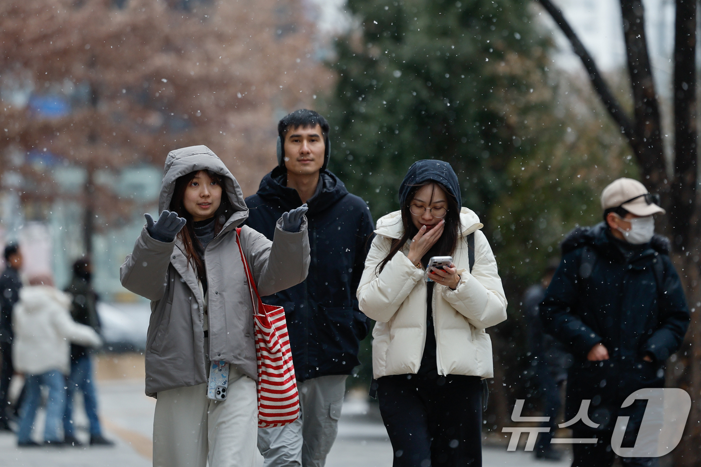 (서울=뉴스1) 안은나 기자 = 12일 오후 서울 중구 을지로에서 관광객들이 눈을 맞으며 걸어가고 있다. 2026.1.12/뉴스1