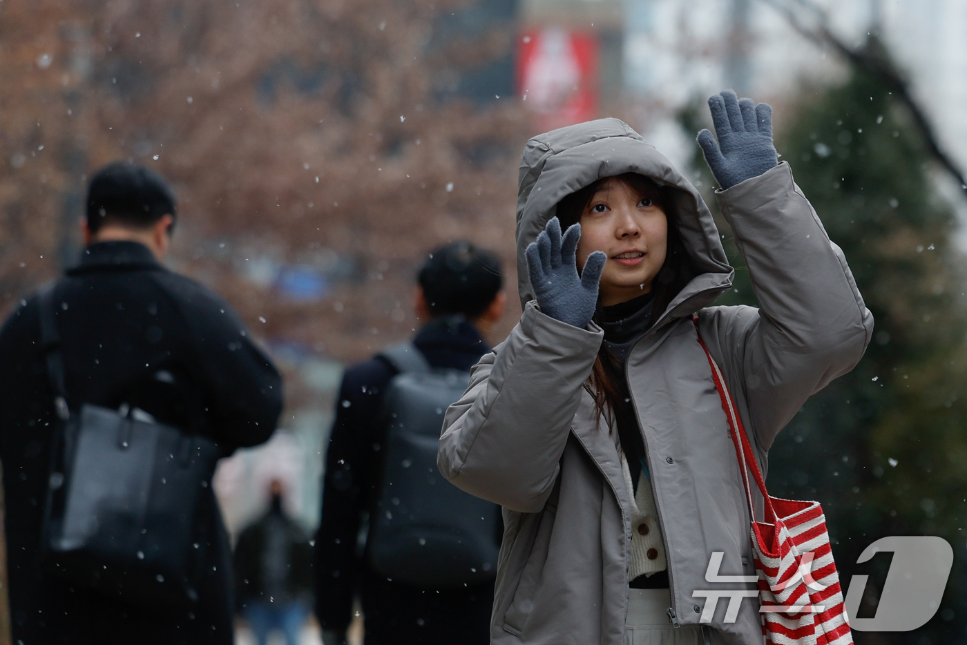 (서울=뉴스1) 안은나 기자 = 12일 오후 서울 중구 을지로에서 관광객들이 눈을 맞으며 걸어가고 있다. 2026.1.12/뉴스1