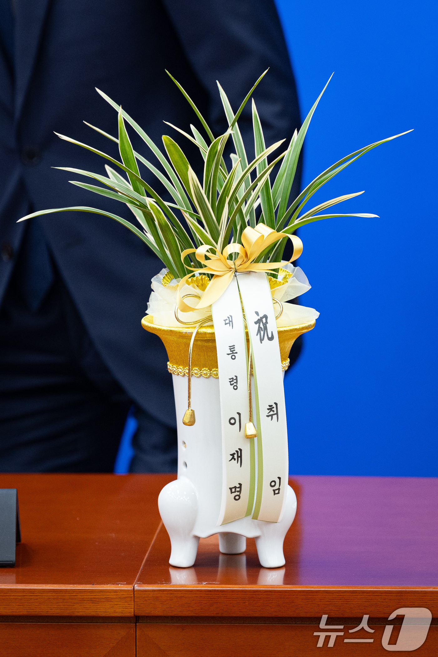 (서울=뉴스1) 유승관 기자 = 한병도 더불어민주당 신임 원내대표가 12일 서울 여의도 국회에서 우상호 청와대 정무수석을 접견, 이재명 대통령의 취임축하 난을 내려놓고 있다. 20 …