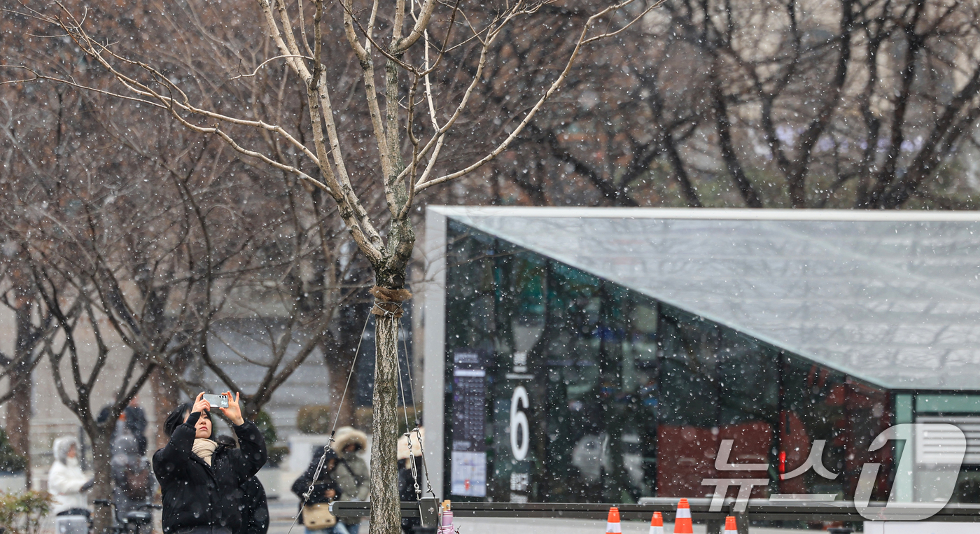 (서울=뉴스1) 이호윤 기자 = 눈이 내리는 12일 서울 세종대로사거리에서 시민이 걸을을 멈추고 눈을 바라보고 있다. 2026.1.12/뉴스1