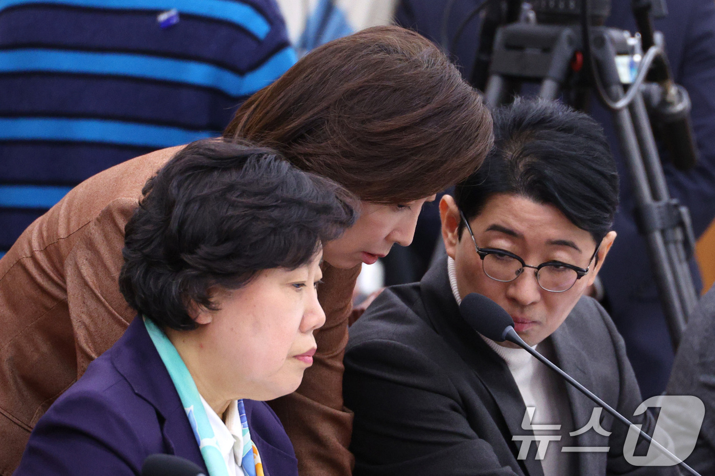 (서울=뉴스1) 신웅수 기자 = 나경원 국민의힘 의원이 12일 서울 여의도 국회에서 열린 법제사법위원회 전체회의에서 의원들과 대화하고 있다. 2026.1.12/뉴스1