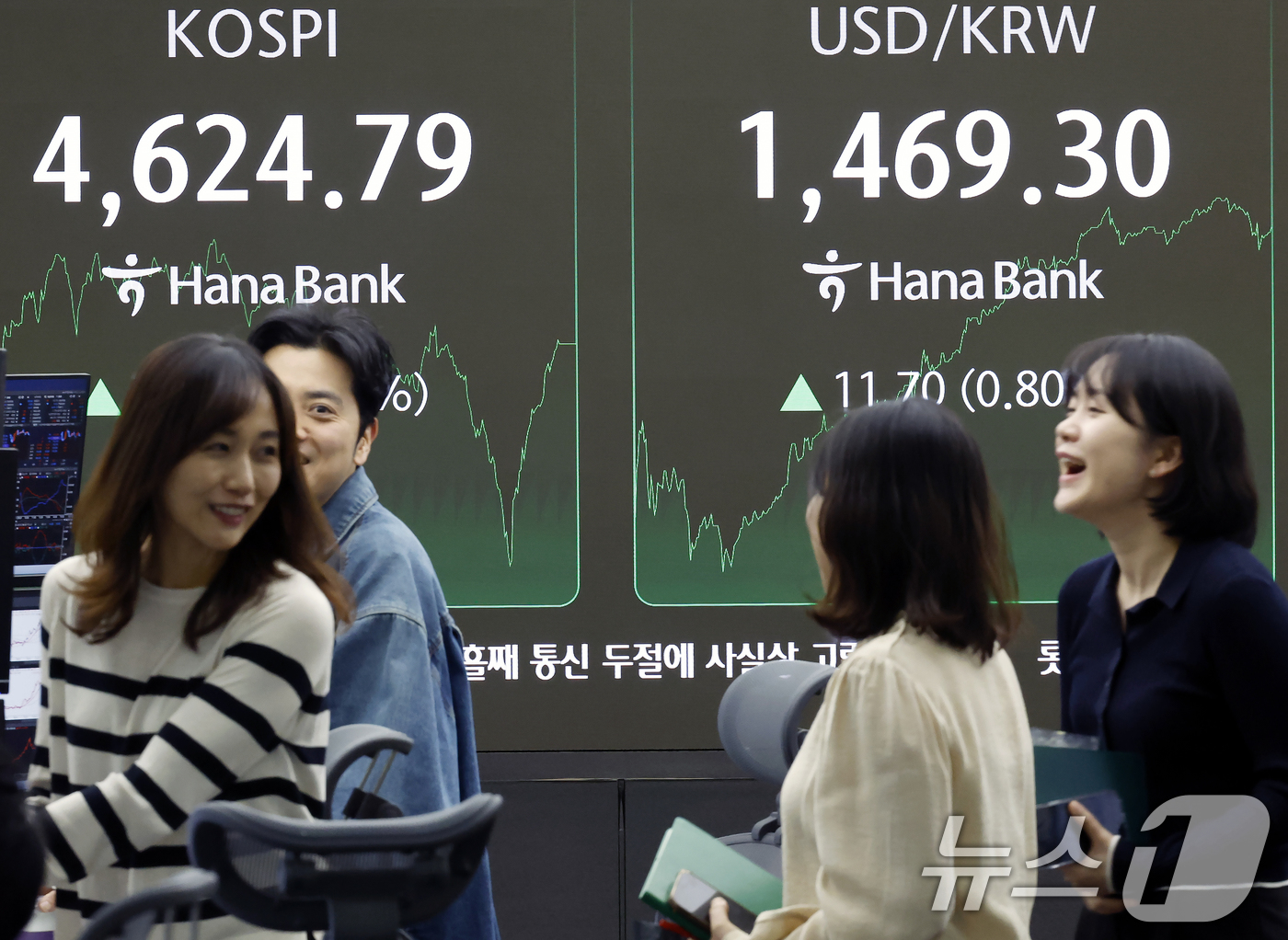 (서울=뉴스1) 박정호 기자 = 12일 오후 서울 중구 하나은행 본점 딜링룸 전광판에 증시 종가가 표시되고 있다.이날 코스피는 전 거래일 대비 38.46포인트(0.84%) 오른 4 …