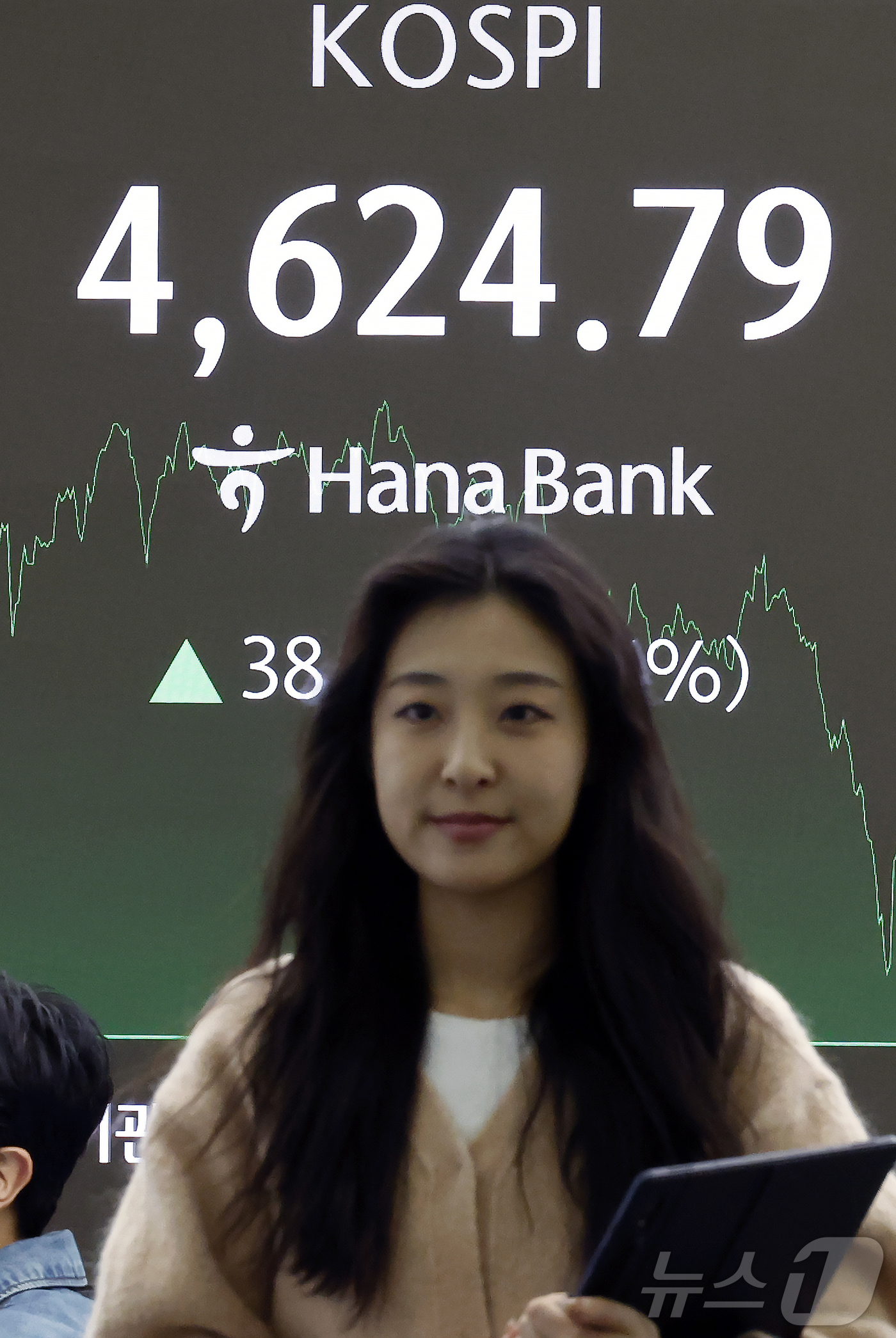 (서울=뉴스1) 박정호 기자 = 12일 오후 서울 중구 하나은행 본점 딜링룸 전광판에 증시 종가가 표시되고 있다.이날 코스피는 전 거래일 대비 38.46포인트(0.84%) 오른 4 …