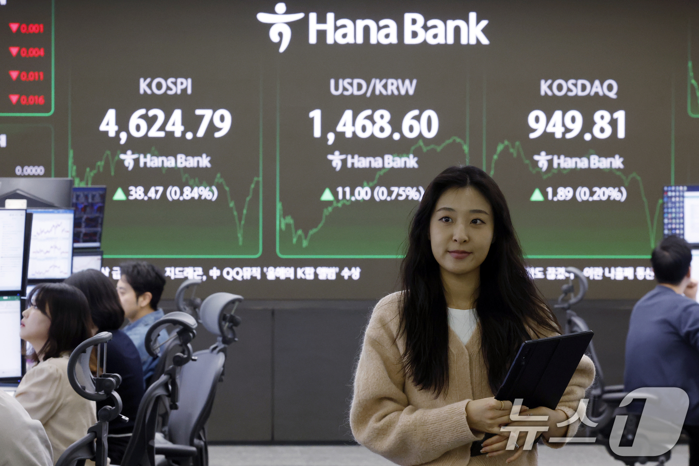 (서울=뉴스1) 박정호 기자 = 12일 오후 서울 중구 하나은행 본점 딜링룸 전광판에 증시 종가가 표시되고 있다.이날 코스피는 전 거래일 대비 38.46포인트(0.84%) 오른 4 …