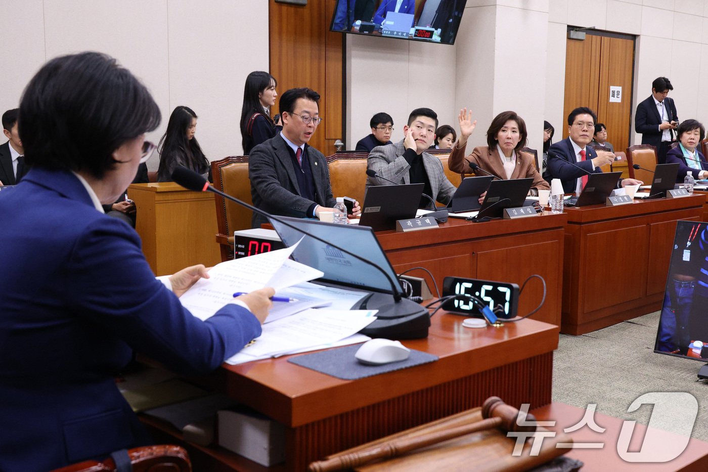 (서울=뉴스1) 신웅수 기자 = 나경원 의원를 비롯한 국민의힘 법사위원들이 12일 서울 여의도 국회에서 열린 법제사법위원회 전체회의에서 '윤석열ㆍ김건희에 의한 내란ㆍ외환 및 국정농 …