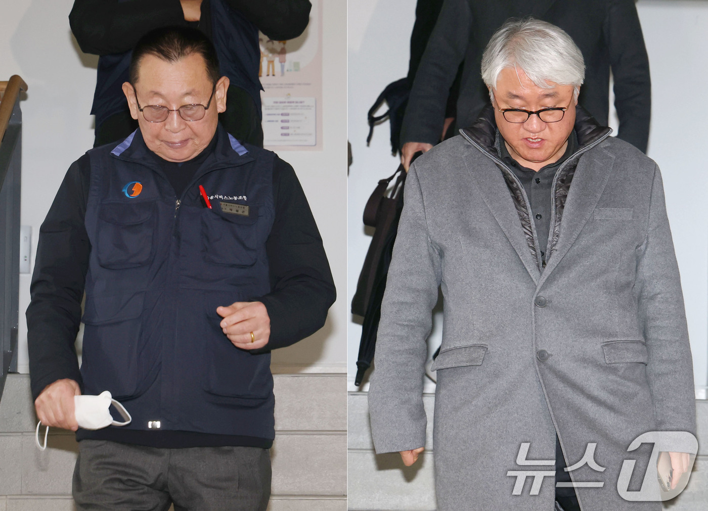 (서울=뉴스1) 이광호 기자 = 서울 시내버스 노사의 협상이 최종 결렬된 13일 오전 박점곤 서울시버스노동조합 위원장(왼쪽)과 김정환 서울시버스운송사업조합 이사장이 서울 영등포구 …