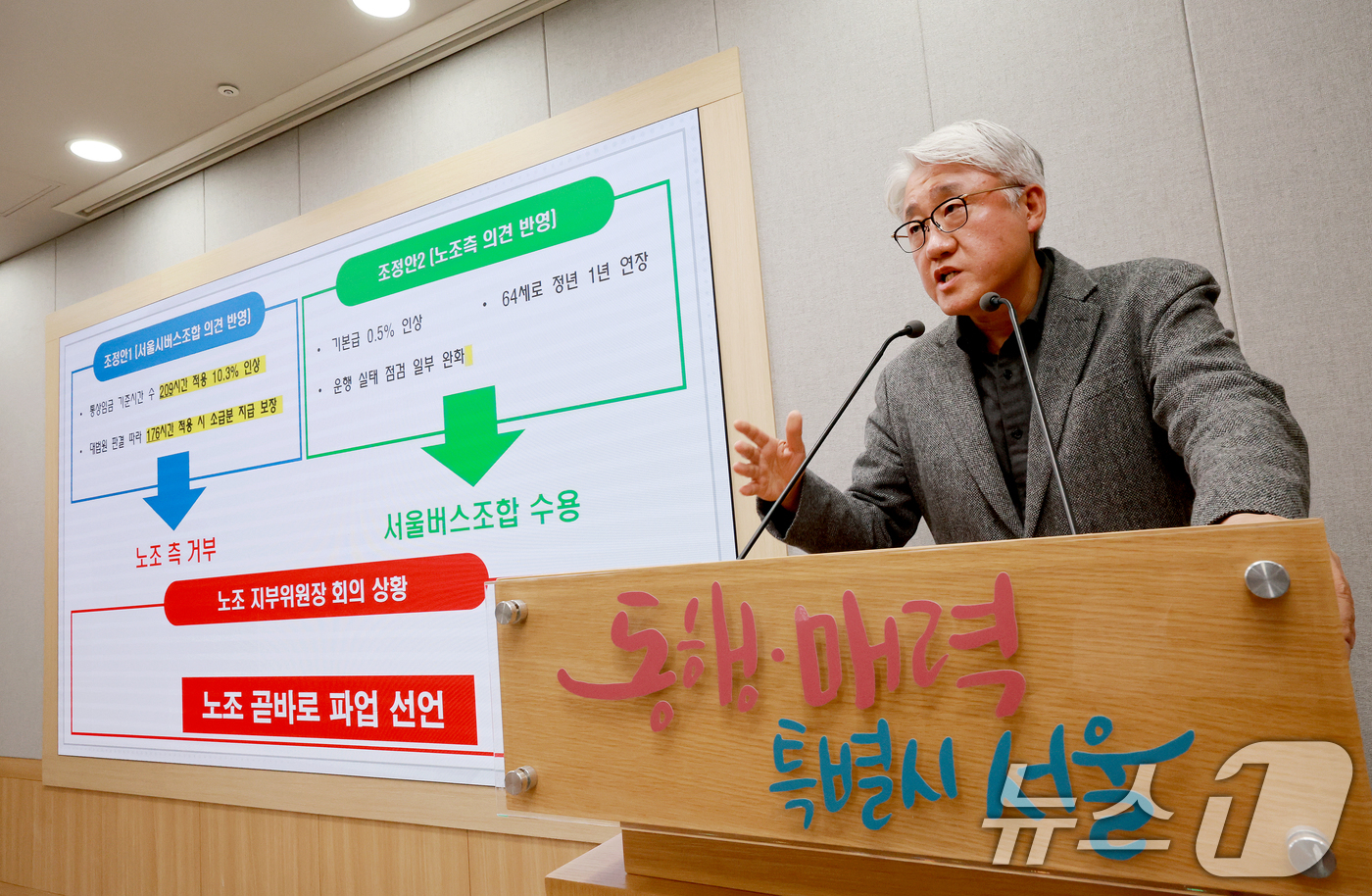 (서울=뉴스1) 이호윤 기자 = 김정환 서울시버스사업조합 이사장이 13일 서울 중구 서울시청 브리핑룸에서 시내버스 파업 관련 서울지방노동위원회 사후 조정 쟁점 기자회견에 참석해 발 …