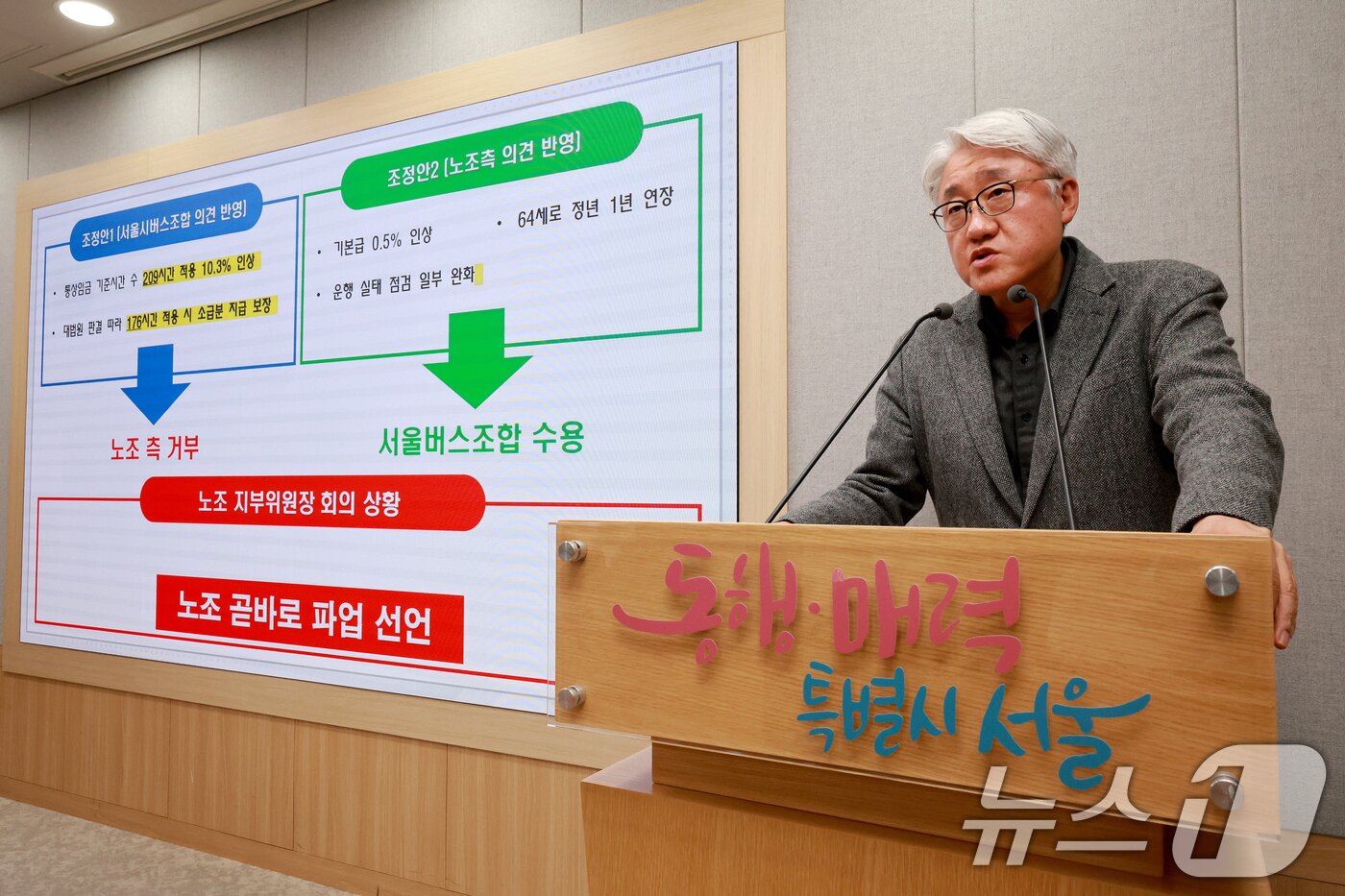 본문 이미지 - 김정환 서울시버스사업조합 이사장이 13일 서울 중구 서울시청 브리핑룸에서 시내버스 파업 관련 서울지방노동위원회 사후 조정 쟁점 기자회견에 참석해 발언하고 있다. 2026.1.13/뉴스1 ⓒ News1 이호윤 기자