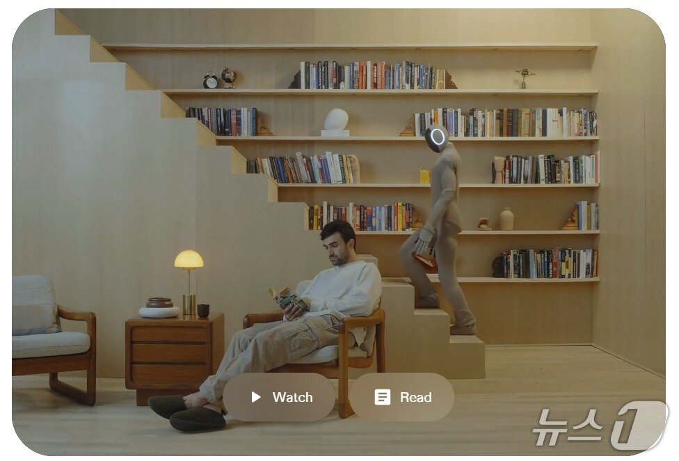 본문 이미지 - 가정용 휴머노이드 로봇 네오(NEO). 1X 테크놀로지 홈페이지 갈무리