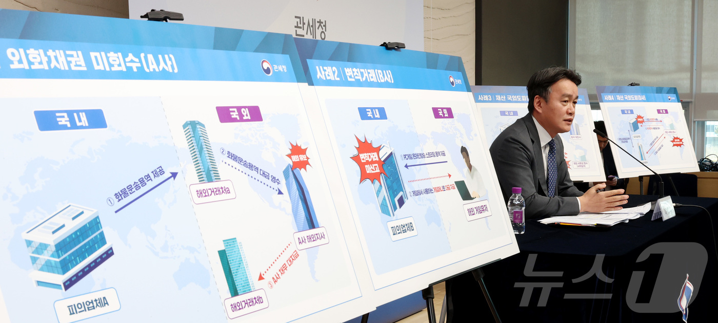 (세종=뉴스1) 김기남 기자 = 이종욱 관세청 차장이 13일 세종시 정부세종청사 중앙동에서 환율 안정을 위해 고환율을 유발하는 불법 외환거래 집중 점검 및 단속 계획을 발표하고 있 …